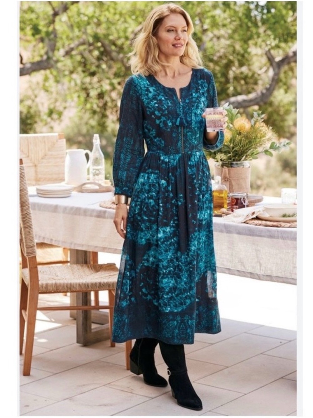 Soft Surroundings Blue Spectral 3/4 Sleeve Crepe Midi Dress, S Petite